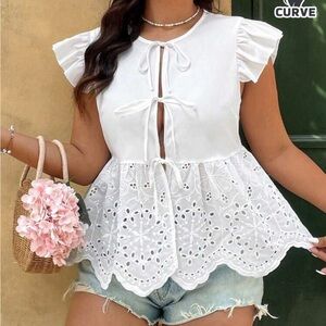 SHEIN White Eyelet Lace Blouse with Flutter Sleeves